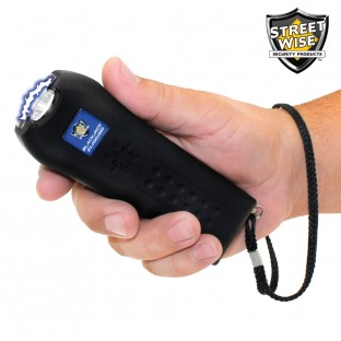 This stun gun mixes the best features in one device with squeeze and stun technology, loud 120dB alarm, safety switch and disable pin, is rechargeable and includes a holster for easy carrying.