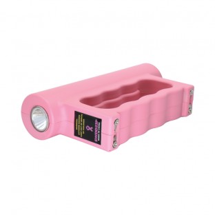 This knuckle stun gun features two stun areas, two self defense spikes, bright LED light, safety switch, is rechargeable, and includes a holster for easy carrying.