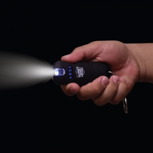 This high voltage stun gun features a touch sensing safety for quicker self defense, it attaches to your keys so that you are always ready, has a bright LED flashlight, and is rechargeable.