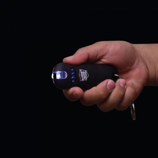 This high voltage stun gun features a touch sensing safety for quicker self defense, it attaches to your keys so that you are always ready, has a bright LED flashlight, and is rechargeable.