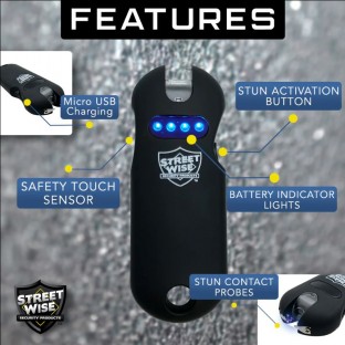 This high voltage stun gun features a touch sensing safety for quicker self defense, attaches to your keys so that you are always ready, has a bright LED flashlight, and is rechargeable.