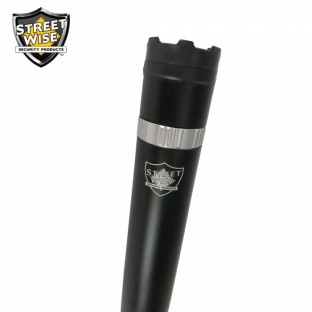 This stun baton features a 16 inch long reach, blinding 120 lumen flashlight with 5 light modes, has a military grade aluminum alloy exterior, and is rechargeable.