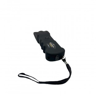 This stun gun features a secure finger groove grip, bright LED light, safety switch, disable pin, and is rechargeable.