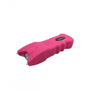 This stun gun features a secure finger groove grip, bright LED light, safety switch, disable pin, and is rechargeable.