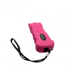 This stun gun features a secure finger groove grip, bright LED light, safety switch, disable pin, and is rechargeable.