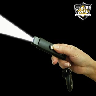 This high voltage keychain stun gun is compact, easy to operate with its push switch button, and features an LED flashlight and safety switch to prevent accidental discharge.