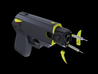 Features laser assisted targeting, iron sights, 15 ft. range, 30 second energy burst, bright LED flashlight, and 2 firing cartridges.