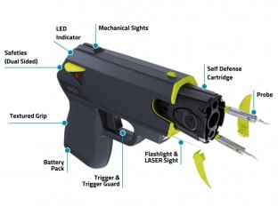 Features laser assisted targeting, iron sights, 15 ft. range, 30 second energy burst, bright LED flashlight, and 2 firing cartridges.