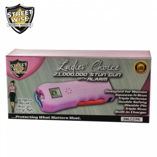 This stun gun features 21 Million Volts, squeeze and stun technology, loud 120dB alarm, safety switch and disable pin, is rechargeable and includes a holster for easy carrying.