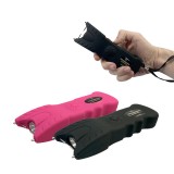 This stun gun features a secure finger groove grip, bright LED light, safety switch, disable pin, and is rechargeable.